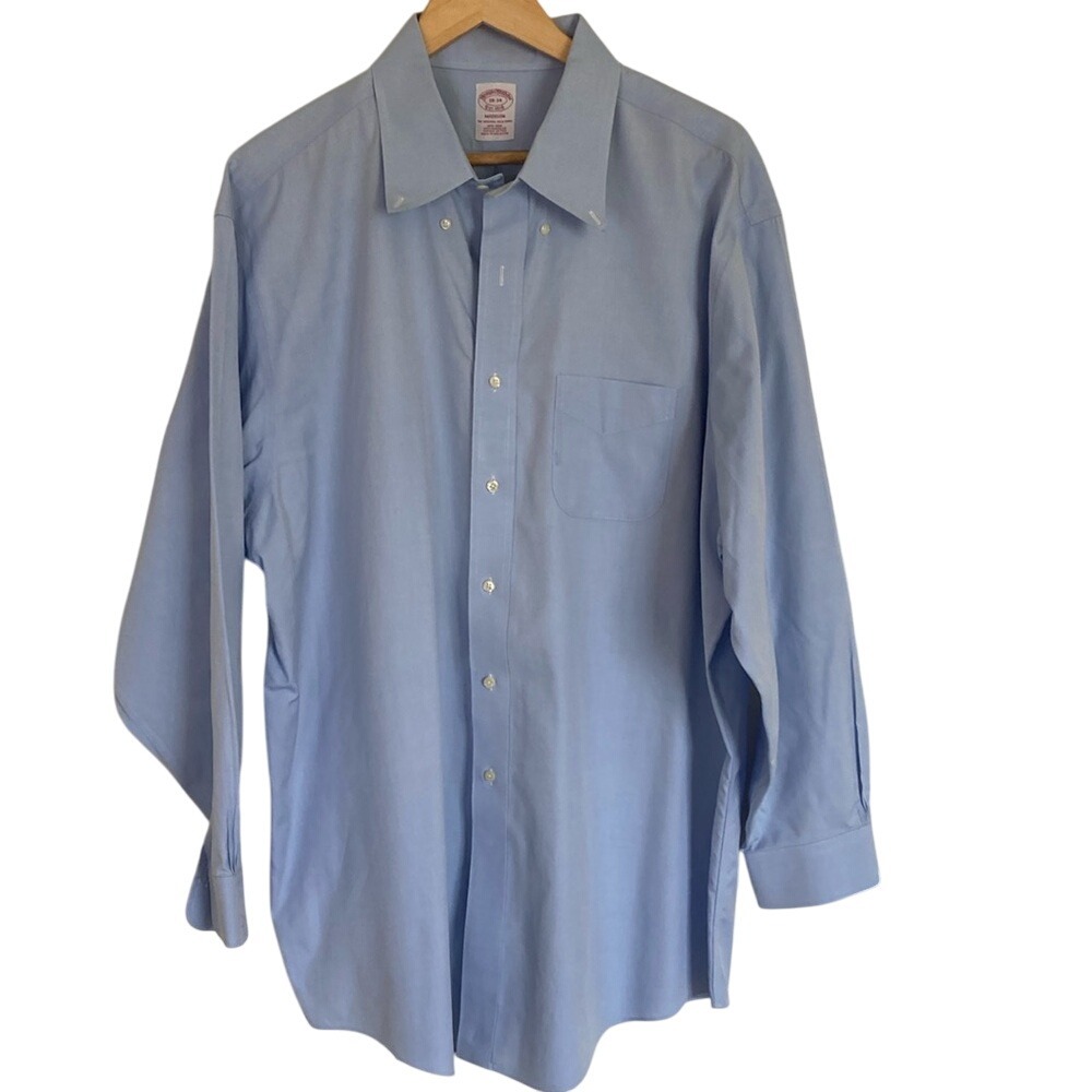 Brooks Brothers Mens Madison Blue Button Down Dress Shirt Size 18/34 No‎ Iron